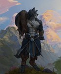 abs absurd_res anthro black_body black_fur black_nose canid canine canis carrying_another chest_tuft clothed clothing cloud detailed detailed_background detailed_fur digitigrade far_beyond_the_world_(series) flower fur head_tuft hi_res holding_object holding_weapon hunter hunting leather leather_strap looking_aside male mammal meadow mountain mountain_range multicolored_body multicolored_fur muscular muscular_anthro muscular_male neck_tuft neungsonie nipples partially_clothed plant red_eyes shoulder_carry solo straps suid suina sus_(pig) topless topless_anthro topless_male tuft two_tone_body two_tone_fur vulgor_(far_beyond_the_world) weapon wild_boar wolf