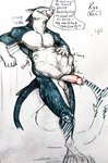 anthro balls belly belly_rub bodily_fluids cum dialogue erection genital_fluids genitals glans imprint leaking_cum male male/male nude outline penis solo speech_bubble text vore anxiousboar fish marine shark absurd_res english_text hi_res marker_(artwork) traditional_media_(artwork)