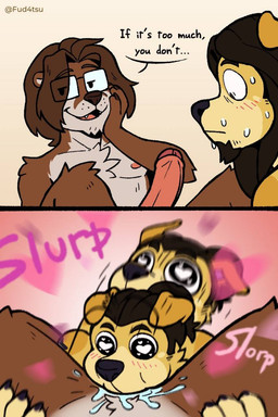 anthro dialogue eyewear facial_hair fellatio floppy_ears foreskin genitals glasses hair long_hair male male/male male_anthro oral penile penis sex tattoo wearing_glasses fudatsu reany_(reanyx3) bird_dog canid canine canis domestic_dog hunting_dog mammal mustelid otter retriever comic hi_res