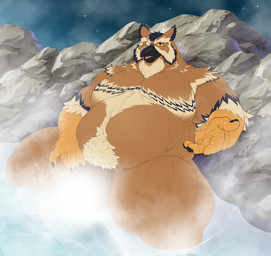 anthro belly censored_balls censored_genitalia censored_penis extending_hand eye_scar facial_scar hot_spring looking_at_viewer male naturally_censored night pubes reaching_towards_viewer rock scar sitting_in_water solo star steam water taighet_28 lox_oleum avian bird great_horned_owl horned_owl owl true_owl censored