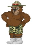 anthro black_boxers black_clothing black_nose black_underwear blue_sclera boxers_(clothing) brown_eyes bulge camo_boxers clothed clothing detailed_bulge footwear garter_belt garter_straps genital_outline green_boxers green_clothing green_underwear grumpy hand_on_side hat headgear headwear male musclegut muscular muscular_male overweight overweight_male pantsless pantsless_anthro pantsless_male penis_outline red_text simple_background socks solo text topless topless_male underwear white_background white_clothing white_footwear white_socks brucebadger united_states_forest_service smokey_bear bear mammal