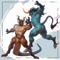 anthro balls biceps blue_body blue_fur blue_hair brown_balls brown_body brown_penis brown_scales butt casual_nudity cloven_hooves digitigrade duo feet flaccid foreskin fur genitals green_tongue hair hooves horn humanoid_genitalia humanoid_penis male male/male multicolored_body multicolored_scales muscular muscular_anthro muscular_male nipples nude paws pecs penis rear_view scales scar sharp_teeth simple_background tail tail_tuft teeth toes tongue tuft two_tone_body two_tone_scales unguligrade unretracted_foreskin weapon taran_fiddler mythology cypress_(taran_fiddler) sobek_(character) bovid bovine cattle dragon mammal mythological_creature mythological_scalie scalie werecreature 2025 digital_media_(artwork) digital_painting_(artwork) hi_res painting_(artwork)