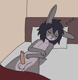 anthro balls bed black_hair casual_erection casual_nudity detailed_background erection eyes_closed fur furniture genitals glans grey_body grey_fur hair humanoid_genitalia humanoid_penis lying male morning_wood multicolored_body multicolored_fur nude nude_anthro nude_male on_back one_ear_up penis scut_tail short_tail sleeping sleeping_nude slim_anthro slim_male solo sound_effects tail two_tone_body two_tone_fur vowelless vowelless_sound_effect zzz crischar_foxito lagomorph leporid mammal rabbit 2025 digital_drawing_(artwork) digital_media_(artwork) hi_res