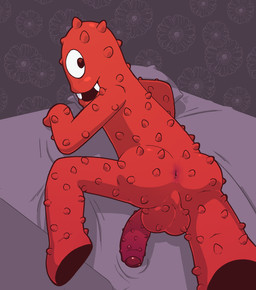 1_eye anthro backsack balls bed butt erection fangs foreskin furniture genitals looking_at_viewer male penile_spines penis presenting presenting_hindquarters red_body red_skin smile solo suggestive_pose teeth argon_vile yo_gabba_gabba muno cyclops humanoid mammal monster hi_res