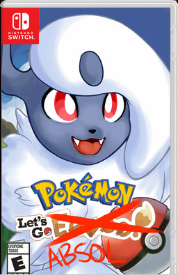 ambiguous_gender cute_fangs fangs feral fur horn parody pokeball pokemon_logo red_eyes smile solo teeth video_game_reference white_body white_fur unknown_artist nintendo nintendo_switch pokemon absol eevee generation_1_pokemon generation_3_pokemon pokemon_(species) cover video_game_cover