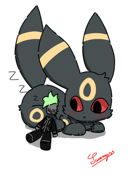 ambiguous_gender black_body black_clothing black_ears black_fur black_nose black_tail blush clothed clothing duo eyes_closed feral floating_head fully_clothed fur grey_body larger_feral looking_at_another male markings mohawk open_mouth red_eyes simple_background size_difference sleeping tail white_background yellow_body yellow_fur conditional_dnp xammyxx nintendo pokemon djinn_(xammyxx) eeveelution generation_2_pokemon pokemon_(species) robloxian umbreon 2026 3:4 cel_shading digital_media_(artwork) hi_res ibispaint_(artwork) shaded signature watermark
