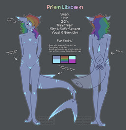 ambiguous_gender anthro ear_piercing ear_ring feminine_pose fin gills glowing glowing_markings hair heart_(marking) markings multicolored_hair nipples nude null piercing purple_eyes rainbow_hair ring_piercing sharp_teeth shy slim solo teeth text tongue tongue_out angie_imagines prism_litebeem aquatic fish shark absurd_res english_text hi_res model_sheet nonbinary_(lore)