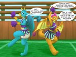 anthro cheerleader cheerleader_outfit clean_diaper clothed clothing crossdressing diaper duo embarrassed female male male/female speech_bubble text wearing_diaper secret_desires friendship_is_magic hasbro my_little_pony mythology gallus_(mlp) smolder_(mlp) avian dragon gryphon mythological_avian mythological_creature mythological_scalie scalie 4:3 absurd_res english_text hi_res