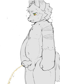 anthro balls bodily_fluids foreskin genital_fluids genitals humanoid_genitalia humanoid_penis kemono male nude peeing penis simple_background solo urine white_background shouka_2810 canid canine mammal absurd_res hi_res