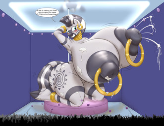 areola big_areola big_breasts big_nipples bodily_fluids breasts cutie_mark dialogue ear_piercing female group huge_breasts hyper hyper_breasts lactating macro nipple_piercing nipples piercing pole solo_focus text badgerben blues64 friendship_is_magic hasbro my_little_pony zecora_(mlp) equid equine mammal zebra 2018 absurd_res english_text hi_res
