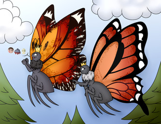 2_antennae 4_legs ambiguous_gender antennae_(anatomy) anthro arm_tuft arthropod_abdomen big_wings black_antennae blood bodily_fluids cloud crown crown_only day dialogue duo eyelashes eyespots female flying grey_body headgear headgear_only insect_wings lepidopteran_wings markings monotone_body mouth_closed multicolored_wings nude open_mouth open_smile orange_wings outside plant quadruped round_head ruff side_view sky smile teeth tree tuft wings stellaartist13 disney hoppers_(disney) pixar mirabelle_(honeycombcrown) titus_(hoppers) arthropod butterfly insect lepidopteran monarch_butterfly hi_res pictographics brother_(lore) brother_and_sister_(lore) sibling_(lore) sister_(lore)