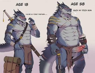 abs age_progression anthro balls blush bodily_fluids bottomwear bottomwear_aside bulge clothed clothing clothing_aside confident dialogue embarrassed erection foreskin genital_fluids genitals glans horn humanoid_genitalia humanoid_penis loincloth loincloth_aside loincloth_only male mature_anthro mature_male melee_weapon muscular muscular_anthro muscular_male pecs penis pink_glans precum retracted_foreskin solo stated_adult stated_age stated_virginity sword tail tenting text topless topless_male virgin weapon disiwjd mythology dragon mythological_creature mythological_scalie scalie english_text hi_res