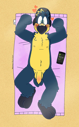 anthro balls beach_towel beak belly_tuft black_beak blue_eyes blush blush_lines cellphone countershade_face countershade_torso countershading electronics flaccid foreskin genitals heart_symbol male nipples penis phone sand solo toony towel tuft manchotchaud spotify avian bird penguin hi_res