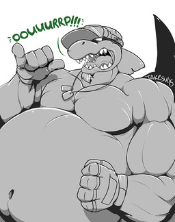 anthro belly big_belly burping clothing dog_tags eyewear facial_hair goatee goggles hat headgear headwear male musclegut muscular navel open_mouth sharp_teeth solo teeth takesu aquatic fish shark hi_res