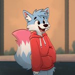 anthro background_shot blue_body blue_fur blue_tail blurred_background clothing dipstick_tail fluffy fur happy hoodie jacket male markings open_mouth pink_eyes pink_tail_tip red_clothing red_hoodie red_jacket red_topwear shy sky smile solo standing sunset tail tail_markings topwear alexumka umkashka canid canine canis domestic_cat domestic_dog felid feline felis fox mammal wolf 1:1 hi_res portrait