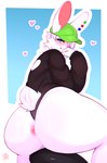 anthro anus big_butt black_clothing black_hoodie black_topwear blue_eyes blush bodysuit butt clothing ear_piercing ear_ring femboy fur green_clothing green_hat green_headwear hat headgear headwear hoodie male piercing pink_nose questionable_consent ring_piercing scut_tail short_tail skinsuit solo spread_butt spreading tail tight_clothing topwear white_body white_fur tylerayrton themadrabbit lagomorph leporid mammal rabbit hi_res