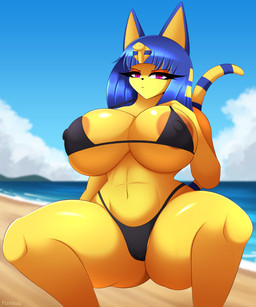 anthro areola beach big_breasts biped black_clothing black_swimwear blue_hair breasts camel_toe clothed clothing detailed_background eyelashes female hair looking_at_viewer outside pupils solo spread_legs spreading swimwear thick_thighs yellow_body foxsuo animal_crossing nintendo ankha_(animal_crossing) domestic_cat felid feline felis mammal 2025 5:6 absurd_res digital_media_(artwork) hi_res
