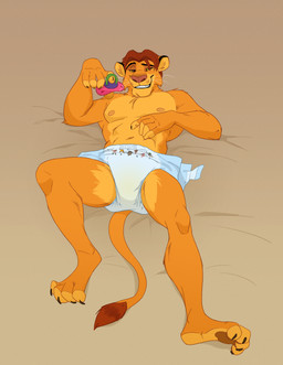 abs anthro clean_diaper clothed clothing diaper grin male muscular muscular_male pacifier pecs smile solo wearing_diaper yellow_sclera colt3n disney the_lion_king simba_(the_lion_king) felid lion mammal pantherine hi_res