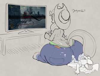 anthro balls big_butt blush bodily_fluids bottomwear butt butt_cleavage clothing controller cowboy_hat cum denim denim_bottomwear denim_clothing dialogue duo eyes_closed female feral game_controller gaming genital_fluids genitals hat headgear headwear huge_butt jeans lying male male/female masturbation on_back panties pants penis playing_video_game rear_view sitting smothering text thick_thighs underwear wide_hips young parumpi elden_ring friendship_is_magic fromsoftware hasbro my_little_pony mythology you_died_(meme) applejack_(mlp) spike_(mlp) dragon equid equine horse mammal mythological_creature mythological_scalie pony scalie 2022 english_text meme partially_colored sketch