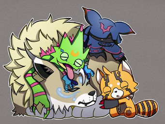 anthro black_body black_fur brown_body brown_fur cloak clothing cowl cuddling eyes_closed female feral fur green_body group male orange_body orange_fur sleeping smile wings owlscribbles bandai_namco digimon digimon_beatbreak chiropmon cougarmon digimon_(species) gekkomon pristimon scalie 4:3 hi_res
