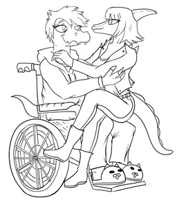 animal_slippers anthro clothed clothing disability duo female footwear hair hoodie jacket long_snout long_tail on_lap paraplegic shoes short_hair simple_background sitting sitting_on_lap slippers snout spiked_clothing spiked_jacket spikes tail tired_eyes topwear vehicle wheelchair white_background yakkokatto cavemanon_studios i_wani_hug_that_gator mia_moretti olivia_halford baryonyx dinosaur hadrosaurid ornithischian ornithopod parasaurolophus prehistoric_species reptile scalie spinosaurid theropod absurd_res hi_res monochrome sketch