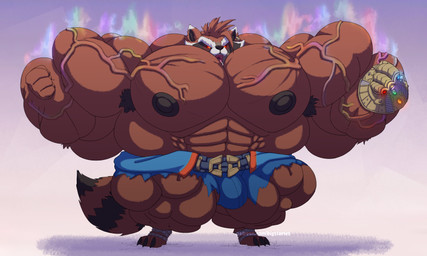 3_toes 4_fingers abs anthro areola armpit_hair belt belt_buckle biceps big_bulge big_muscles big_nipples big_pecs biped black_areola black_armpit_hair black_body black_claws black_fur black_inner_ear black_nipples black_nose black_toe_claws blue_bottomwear blue_clothing blue_pants body_hair bottomwear brown_body brown_fur brown_hair buckle bulge claws clothed clothed_anthro clothed_male clothing deltoids digitigrade dipstick_ears ear_markings ear_piercing ear_ring facial_markings feet fingers forearm_muscles front_view fur glowing glowing_eyes gradient_background growth hair head_markings huge_muscles huge_pecs humanoid_hands hyper hyper_muscles infinity_gauntlet infinity_stone latissimus_dorsi male male_anthro markings mask_(marking) mohawk multicolored_ears muscle_growth muscular muscular_anthro muscular_arms muscular_male muscular_thighs nipples open_mouth pants patreon_username pecs piercing pink_tongue quads red_sclera ring_(marking) ring_piercing ringed_tail rocket serratus simple_background standing striped_markings striped_tail stripes tail tail_markings teeth text toe_claws toes tongue topless topless_anthro topless_male torn_bottomwear torn_clothing torn_pants trapezius triceps vein veiny_muscles white_body white_fur yellow_eyes silver-stag guardians_of_the_galaxy marvel marvel_rivals rocket_raccoon mammal procyonid raccoon 5:3 absurd_res digital_drawing_(artwork) digital_media_(artwork) full-length_portrait hi_res portrait shaded story story_in_description url