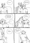 anthro clothing drinking female flat_chested text bernielover disney zootopia becca_(bernielover) fan_character judy_hopps hyena lagomorph leporid mammal rabbit spotted_hyena comic english_text hi_res monochrome