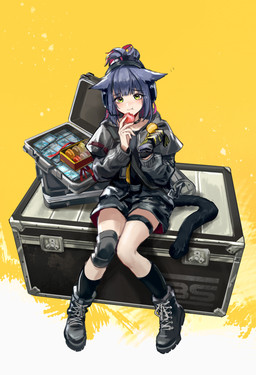 blush boots box choker clothing container eating electronics female food footwear green_eyes headgear headphones headset jewelry looking_at_viewer necklace shoes simple_background sitting solo yellow_background achyue arknights hypergryph studio_montagne jessica_(arknights) animal_humanoid cat_humanoid domestic_cat felid felid_humanoid feline feline_humanoid felis humanoid mammal mammal_humanoid 2019 hi_res