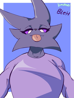 anthro big_breasts bleh breasts clothed clothed_anthro clothed_female clothing female female_anthro front_view fur purple_body purple_fur purple_sclera simple_background solo tongue tongue_out kamino1 lobina_(kamino1) canid canine canis demon mammal wolf 2026 3:4 absurd_res digital_media_(artwork) hi_res portrait