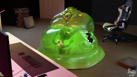 absorption_vore ambiguous_gender anthro bedroom belly big_belly big_moobs bodily_fluids box bubble container detailed_background digestion dissolving fatal_vore gaming_chair green_body horn huge_belly huge_moobs inside looking_at_belly looking_down male male_pred male_prey moobs nude obese obese_anthro overweight overweight_anthro overweight_male pizza_box smile solo text tongue tongue_out translucent vore yentrix blobby_mike_(yentrix) yentrix_(yentrix) blob_creature goo_creature rexouium 16:9 2025 3d_(artwork) 4k absurd_res blender_(artwork) digital_media_(artwork) english_text hi_res watermark widescreen