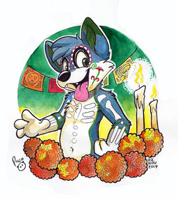 anthro black_nose blue_body blue_fur bodypaint candle dipstick_ears ear_markings fangs fur gradient_background green_eyes green_markings looking_at_viewer male markings multicolored_ears open_mouth pink_tongue simple_background solo teeth tongue white_body white_fur young young_anthro young_male pandapaco canid canine mammal dated signature