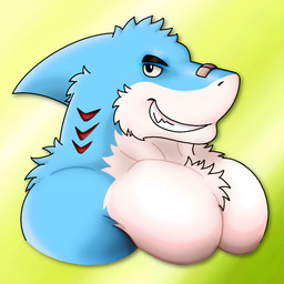 anthro band-aid bandage blue_body blue_fur body_fur fur green_background male muscular muscular_male shark_fin shark_teeth simple_background smile solo rjquaty uriel_(loaf_bread) aquatic fish shark 1:1 hi_res