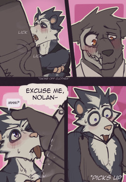 4_panel_comic anthro arms_around_penis balls barazoku belly biceps big_balls big_muscles big_nipples big_pecs big_penis black_body black_fur black_penis blush bodily_fluids bone carrying_another clothing dialogue duo erection foreskin fur genital_fluids genital_focus genitals grey_body huge_balls huge_muscles huge_pecs huge_penis humanoid_genitalia humanoid_penis hyper hyper_genitalia hyper_penis licking male male/male mostly_nude musclegut muscular muscular_anthro muscular_male nipples oral pecs penile penis penis_lick sex skull skull_head speech_bubble surprised sweat sweaty_body sweaty_genitalia sweaty_penis tail text tongue topwear undressing_self vein veiny_penis white_body king_slabu adrian_(king_slabu) nolan_(king_slabu) american_opossum canid canine canis domestic_dog mammal marsupial virginia_opossum absurd_res comic digital_media_(artwork) english_text hi_res