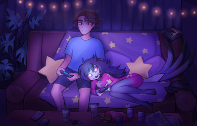 anthro beak beanie bedding beverage_can black_beak black_hair blanket blue_bottomwear blue_clothing blue_shirt blue_shorts blue_t-shirt blue_topwear bottomwear brown_eyes car_keys cellphone chips_(food) choker clothing coffee_cup container controller cup curtains duo electronics feathers female food furniture game_controller gaming grey_body hair hat hat_off head_on_lap headgear headwear holding_controller holding_object jewelry long_hair lying male messy_hair necklace newspaper on_lap on_side on_sofa pattern_blanket pattern_clothing phone pillow pink_bottomwear pink_choker pink_clothing pink_jewelry pink_necklace pink_sclera pink_shirt pink_shorts pink_topwear plant plant_pot playing_video_game playstation_controller potted_plant shirt short_hair shorts sitting smartphone smile sofa star_pattern star_pillow string_lights t-shirt tail tail_feathers television_glow topwear white_eyes white_face akrost hellaverse helluva_boss playstation playstation_5 sony_corporation sony_interactive_entertainment octavia_(helluva_boss) avian avian_demon bird demon goetia human mammal owl owl_demon 14:9 2023 hi_res