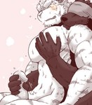 anthro balls black_body black_fur blush bodily_fluids clothing covered_eyes duo erection eyes_closed fur genital_fluids genitals handjob headgear headgear_only headwear headwear_only hidden_eyes hug jerked_silly kemono male male/male moobs mostly_nude muscular muscular_anthro muscular_male narrowed_eyebrows nipple_fetish nipple_play nipples nude pecs penile penis precum pubes reach_around scrunchy_face sex shake shocked simple_background sitting steam sweat tears white_body white_fur misokemo canid canine canis felid mammal pantherine tiger wolf low_res