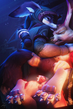 anal anal_penetration anthro balls blush bodily_fluids clothed clothing cum duo erection fur fur_markings genital_fluids genitals male male/male male_penetrated male_penetrating male_penetrating_male markings paws penetration penis piercing sex tail zatoart blizzard_entertainment warcraft kodhi_(vulpera) quinn_(vulpera) canid mammal vulpera 2:3 3d_(artwork) absurd_res digital_media_(artwork) hi_res