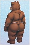 2020 absurd_res anthro asian_clothing barazoku bear bitfly black_nose black_outline bottomwear brown_bear brown_body brown_fur butt clothed clothing digital_media_(artwork) east_asian_clothing eyebrows frown fundoshi fundoshi_only fur glistening glistening_butt head_tuft hi_res japanese_clothing juuichi_mikazuki looking_at_viewer looking_back male mammal morenatsu musclegut muscular muscular_anthro muscular_male outline overweight overweight_anthro overweight_male pattern_background plantigrade rear_view signature simple_background solo standing tail tan_body tan_fur thick_eyebrows topless tuft underwear underwear_only ursine