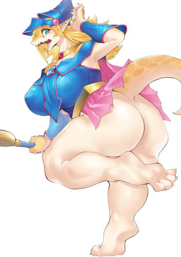 anthro barefoot big_breasts blue_helmet bottomwear breasts butt clothing feet female green_eyes implied_transformation on_one-leg open_mouth scales simple_background skirt solo tail tan_body tan_scales white_background neko_kaminari80 mythology yu-gi-oh! dark_magician_girl dragon duel_monster mythological_creature mythological_scalie scalie 2026 absurd_res hi_res