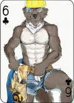 abs anthro armor bare_chest biceps bottomwear canid canine canis card card_template clothed clothing clubs_(suit) construction_worker copyright_symbol denim denim_clothing digital_media_(artwork) fonyaa fur hair hammer headgear helmet male mammal muscular muscular_anthro muscular_male pecs playing_card playing_card_template shorts simple_background six_of_clubs smile solo standing suit_symbol symbol teeth tools topless wolf worker