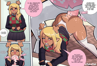 anal anal_penetration antlers big_butt big_penis black_bottomwear black_clothing black_skirt black_sweater black_topwear blonde_hair bottomwear brown_antlers brown_body brown_eyes brown_fur buckteeth butt checkered checkered_clothing checkered_topwear checkered_vest clothing clothing_aside dialogue doggystyle erection fellatio fingers floral_print footwear from_behind_position fur gagging genitals green_clothing green_topwear green_vest hair half-closed_eyes heart_symbol hooved_fingers hooves horn huge_penis legwear looking_back multiple_positions narrowed_eyes onomatopoeia open_mouth oral painful_penetration panties panties_aside pattern_clothing pattern_topwear pattern_vest penetration penile penis pink_clothing pink_nose pink_penis pink_shirt pink_topwear profanity red_clothing red_topwear red_vest sex shirt short_tail skirt socks sound_effects speech_bubble sweater tail tan_body tan_fur teeth text thick_penis thick_thighs thigh_gap thigh_highs thigh_socks tight_fit topwear underwear underwear_aside vest white_body white_clothing white_footwear white_fur white_panties white_shirt white_socks white_topwear white_underwear atukatun deltarune undertale_(series) asgore_dreemurr noelle_holiday bovid caprine deer goat mammal new_world_deer reindeer 2026 absurd_res comic english_text hi_res