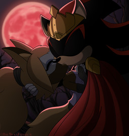 anthro biped black_body black_fur blonde_hair brown_body brown_fur cape claws clothed clothing crown duo eyes_closed female fur gold_(metal) hair hand_on_head headgear hug kissing long_hair male male/female moon night outside ponytail red_cape red_clothing red_moon side_view shadowwalk archie_comics idw_publishing light_mobius sega sonic_the_hedgehog_(archie) sonic_the_hedgehog_(comics) sonic_the_hedgehog_(idw) sonic_the_hedgehog_(series) king_shadow shadow_the_hedgehog whisper_the_wolf canid canine canis eulipotyphlan hedgehog mammal wolf 2026 absurd_res hi_res