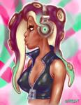 abstract_background black_hair breasts brown_body brown_skin cleavage clothed clothing electronics female hair half-closed_eyes headphones long_hair markings midriff mole_(marking) narrowed_eyes open_mouth profile pseudo_hair solo suction_cup tentacle_hair tentacles topwear vest hatebit nintendo splatoon marina_(splatoon) animal_humanoid cephalopod cephalopod_humanoid humanoid marine marine_humanoid mollusk mollusk_humanoid octarian octoling 2018 digital_media_(artwork)