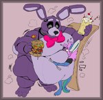 anthro belly_overhang big_food blush blush_lines bow_tie duo food hand_on_belly hand_on_wall looking_at_another looking_down machine obese overweight size_difference tools wrench voidflame five_nights_at_freddy's scottgames bonnie_(fnaf) animatronic lagomorph leporid mammal rabbit robot hi_res