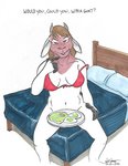 anthro bed bedroom_eyes bottomless bra breasts brown_eyes brown_hair clothed clothing convenient_censorship dialogue female food fried_egg furniture hair ham hand_on_leg hand_on_thigh horn looking_at_viewer meat narrowed_eyes navel on_bed plate pork seductive simple_background sitting smile solo talking_to_viewer underwear rabbi-tom dr._seuss green_eggs_and_ham aress bovid caprine goat mammal 2020