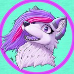 anthro fangs female fluffy fur green_background grey_body grey_fur hair open_mouth purple_body purple_eyes purple_fur purple_hair purple_tongue simple_background solo teeth tongue tami_wolx tami_wolf canid canine canis mammal wolf 1:1 absurd_res hi_res icon watermark