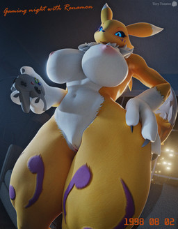 anthro areola athletic athletic_anthro athletic_female big_breasts black_sclera blue_eyes breasts claws controller countershade_breasts countershade_torso countershading facial_markings female female_anthro finger_claws fur furniture game_controller genitals gloves_(marking) hand_on_hip hand_on_own_hip head_markings holding_controller holding_object huge_breasts inside leg_markings logo looking_at_viewer looking_down looking_down_at_viewer low-angle_view markings n64_controller navel neck_tuft nintendo_controller nipples nude nude_anthro nude_female pink_areola pink_nipples purple_markings sofa solo tail text thick_thighs tuft vulva white_body white_countershading white_fur wide_hips year yellow_body yellow_fur tinytoaster warfaremachine_(modeler) bandai_namco digimon nintendo nintendo_64 warfare_renamon digimon_(species) renamon 2026 3d_(artwork) artist_logo artist_name digital_media_(artwork) english_text hi_res