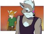 duo gradient_background male red_background simple_background cirruskitfox nintendo star_fox fox_mccloud wolf_o'donnell canid canine canis fox mammal wolf