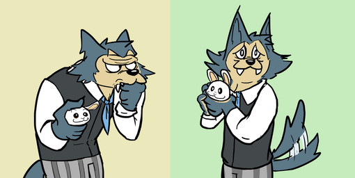 :3 anthro bottomwear clothed clothing duo fur grey_body grey_fur holding_chin looking_up male pants parody pattern_bottomwear pattern_clothing pattern_pants protective sharp_teeth simple_background size_difference striped_bottomwear striped_clothing striped_pants stripes teeth thinking thoughtful_expression white_body white_fur anntxiudood beastars looney_tunes warner_brothers haru_(beastars) legoshi_(beastars) canid canine canis domestic_rabbit dwarf_rabbit lagomorph leporid mammal netherland_dwarf_rabbit oryctolagus rabbit wolf 2019 hi_res meme