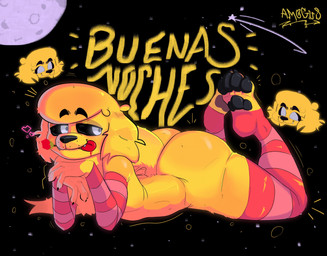 anthro arm_warmers armwear big_butt black_sclera blood blush bodily_fluids butt claws clothing femboy floppy_ears fur hand_on_chin legwear looking_back male moon narrowed_eyes pawpads paws shortstack shortstack_male small_waist smile solo stockings tail text thick_thighs thigh_highs tongue tongue_out white_eyes yellow_body yellow_fur youtuber amogos_susi youtube mikecrack canid canine canis domestic_dog mammal absurd_res hi_res spanish_text