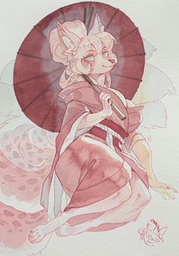 accessory anthro anthrofied asian_clothing big_breasts breasts claws cleavage clothed clothing east_asian_clothing female finger_claws fur hair hair_accessory hair_bun hair_sticks holding_object holding_umbrella japanese_clothing kimono kneeling looking_away markings multi_tail pink_body pink_fur pink_hair pink_nose sitting smile smirk solo spots spotted_body spotted_fur spotted_markings spotted_tail tail tail_markings teal_eyes toe_claws umbrella under_boob wagasa durtyanko nintendo pokemon sasha_valiski canid canine fox fox_spirit generation_1_pokemon mammal ninetales pokemon_(species) hi_res painting_(artwork) traditional_media_(artwork) traditional_painting_(artwork) traditional_watercolor_(artwork) watercolor_(artwork)